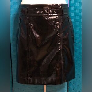 Karl Lagerfeld Faux Patent Leather Belted Mini Skirt Black New